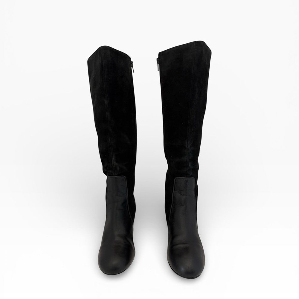 Black Tall Knee-High Leather & Suede Boots W 6.5 Block Heel Side Zip Clarks - Picture 3 of 13